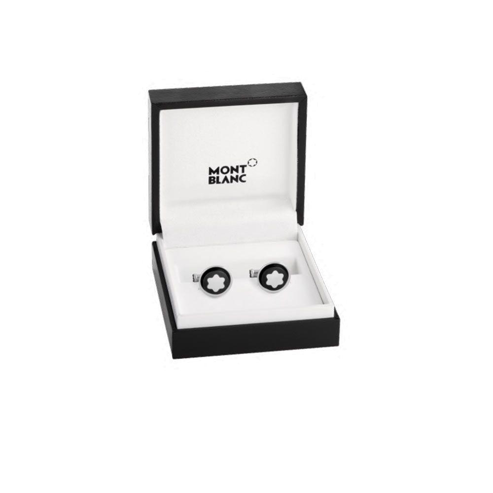 Boutons de manchetteMontblancBoutons de manchette ronds en acier inoxydable avec incrustation PVD noire ornés de l’iconique sommet enneigé en nacre, emblème de Montblanc