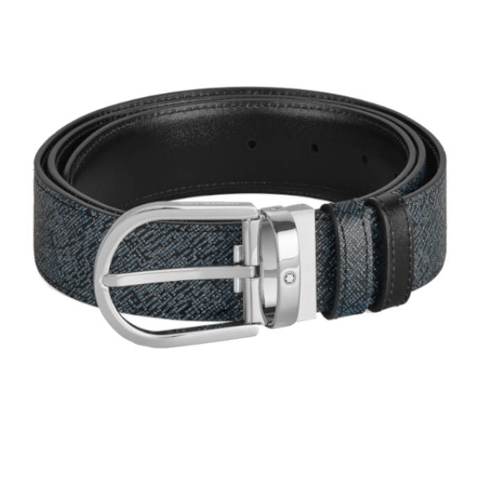 Ceinture hommeMontblancCeinture Montblanc réversible à boucle fer à cheval de 35 mm en cuir bleu tweed/noir