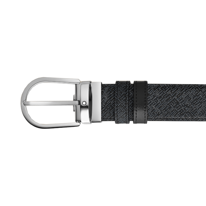 Ceinture hommeMontblancCeinture Montblanc réversible à boucle fer à cheval de 35 mm en cuir bleu tweed/noir