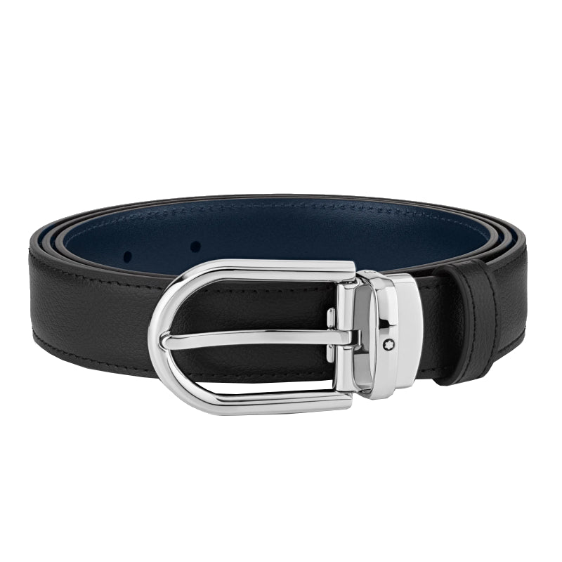 Ceinture réversible à boucle fer à cheval de 30 mm en cuir noir/bleu