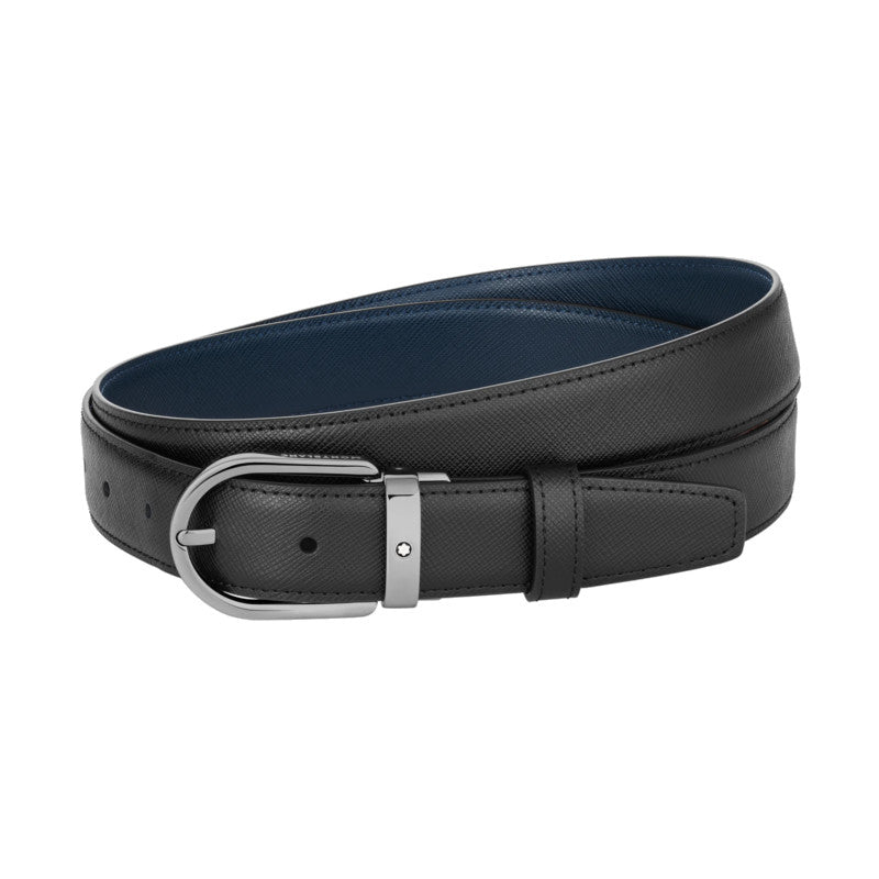 Ceinture réversible à boucle fer à cheval de 30 mm en cuir noir/bleu