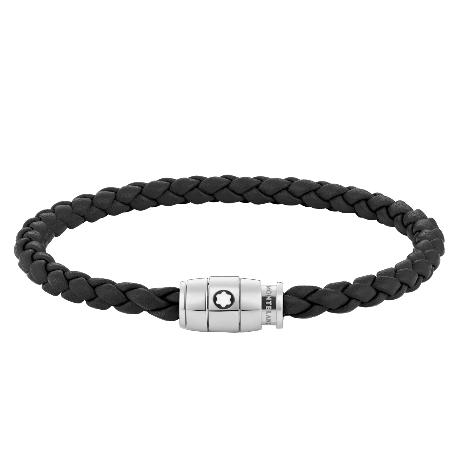 Bracelet en acier et cuir noir avec fermeture à 3 anneaux