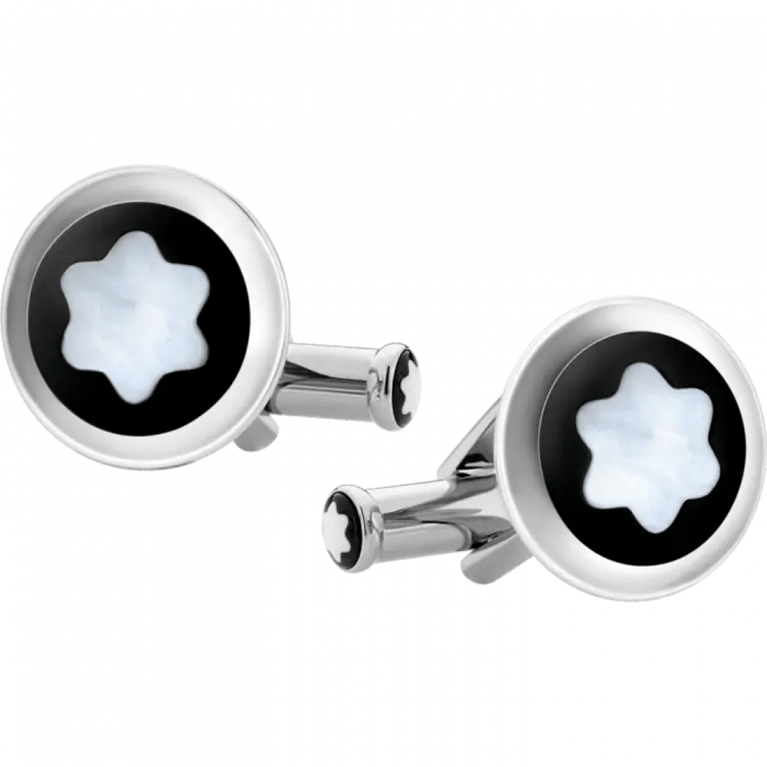 Boutons de manchetteMontblancBoutons de manchette ronds en acier inoxydable avec incrustation PVD noire ornés de l’iconique sommet enneigé en nacre, emblème de Montblanc