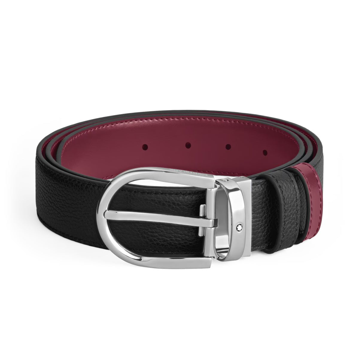 Ceinture hommeMontblancCeinture Montblanc en cuir réversible 35 mm uni grain/cassis noir avec boucle fer à cheval.
