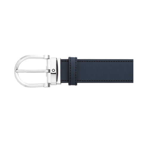Ceinture hommeMontblancCeinture réversible Montblanc à boucle fer à cheval de 35 mm en cuir noir/bleu