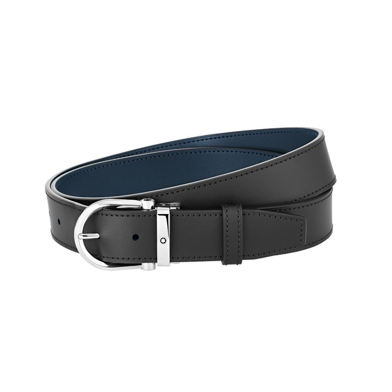 Ceinture hommeMontblancCeinture réversible Montblanc à boucle fer à cheval de 35 mm en cuir noir/bleu