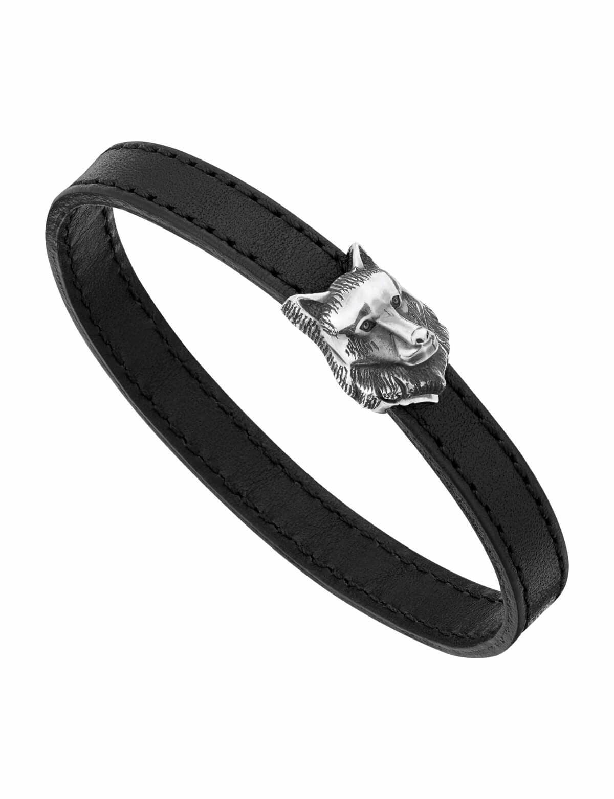 Bracelet en cuir noir avec fermoir tête de loup en argent massif